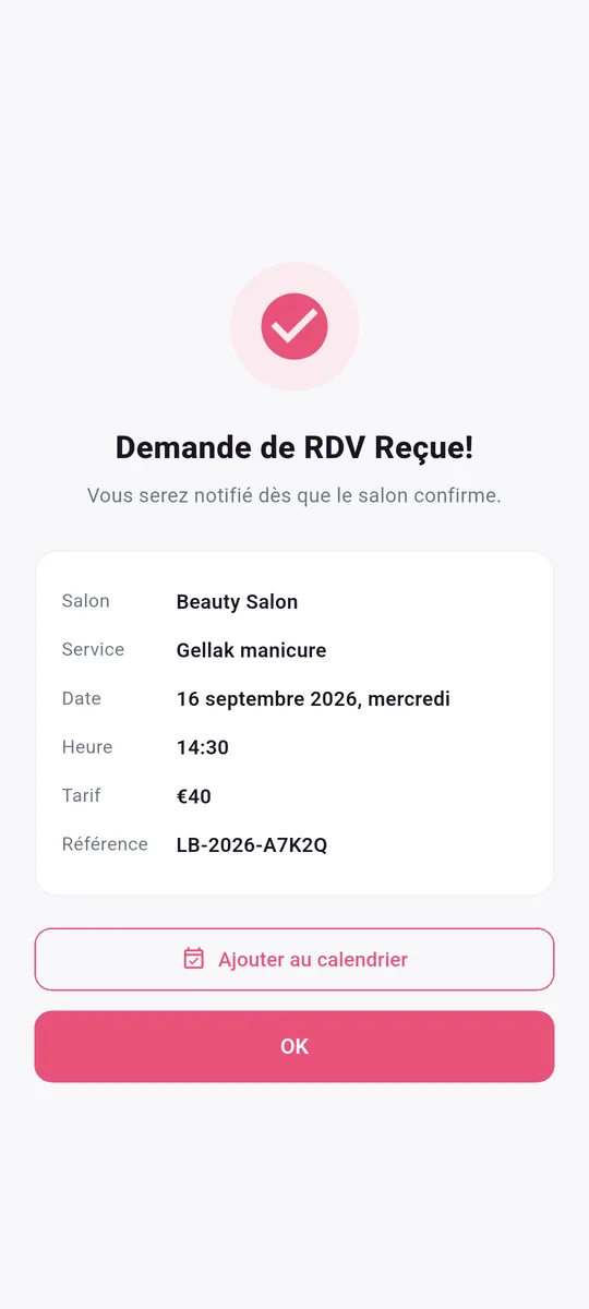 LocalBeautys app — Rendez-vous demandé