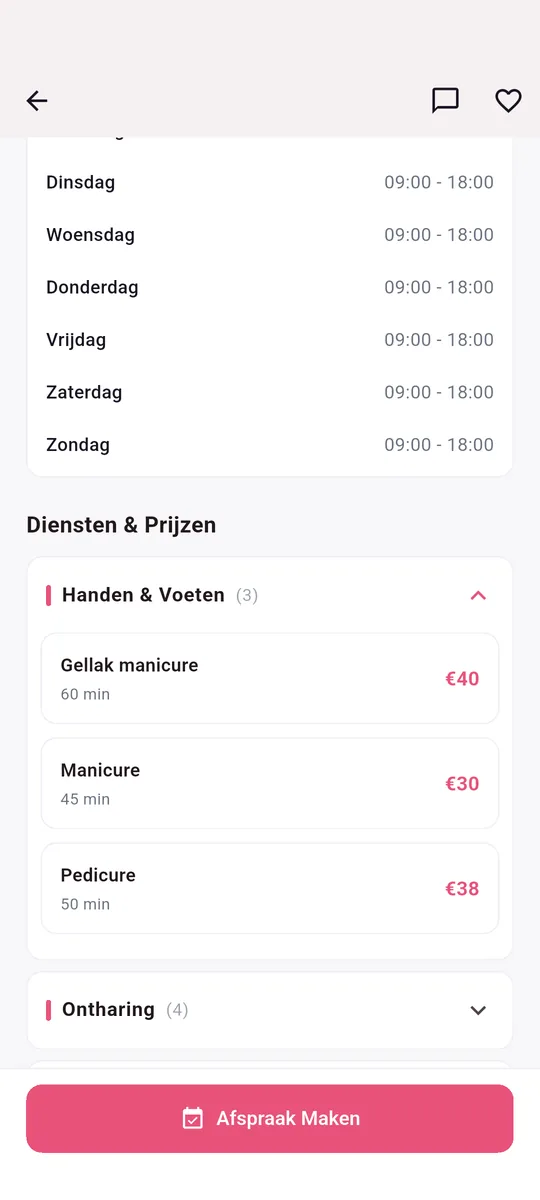 LocalBeautys app — Kies je behandeling