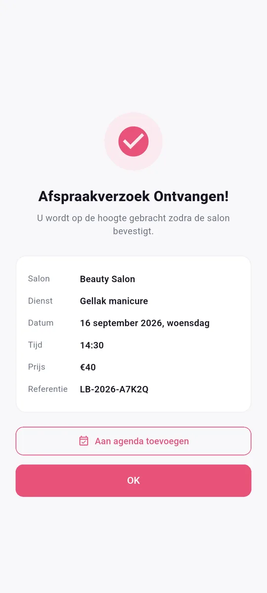 LocalBeautys app — Afspraak aangevraagd