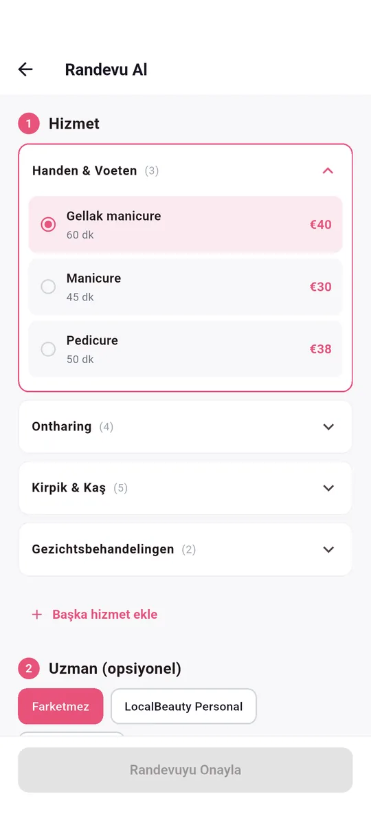 LocalBeautys app — Gün ve saat seç
